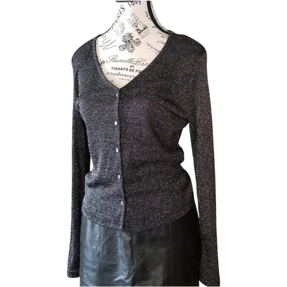 90s Black Lurex Cardigan — Minimal Goth Metallic Knit - Picture 2 of 7